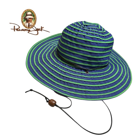 Panama Jack Blue and Neon Green Sriped Wide‎ Brim Hat - Picture 1 of 3